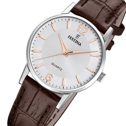 Festina Classic 20691/2 Zegarek Damski srebrny z indeksami na brązowym pasku