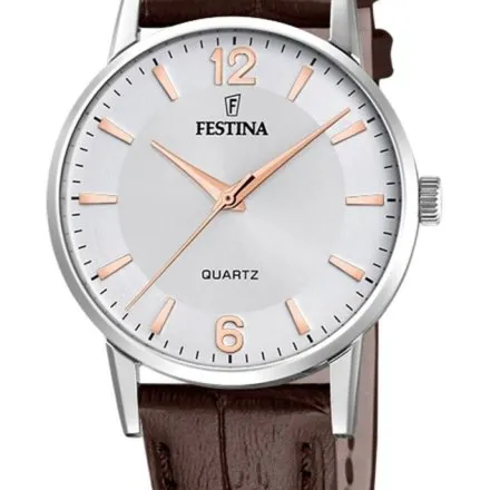 Festina Classic 20691/2 Zegarek Damski srebrny z indeksami na brązowym pasku
