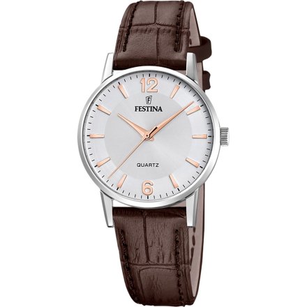 Festina Classic 20691/2 Zegarek Damski srebrny z indeksami na brązowym pasku