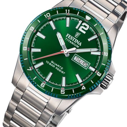 Festina Titanium 20698/3 Zegarek Męski srebrny tytanowy na bransolecie z zieloną tarczą