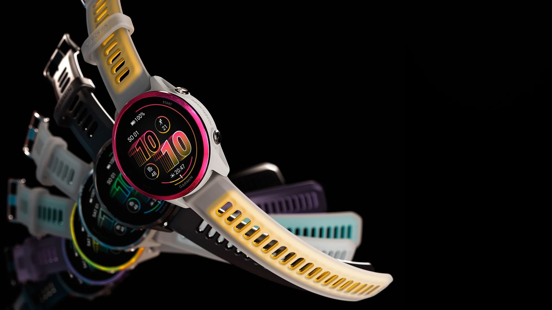 Forerunner 570 wyraźny ekran w każdych warunkach Reklamowy banner Garmin Forerunner 570 z zegarkami sportowymi do biegania