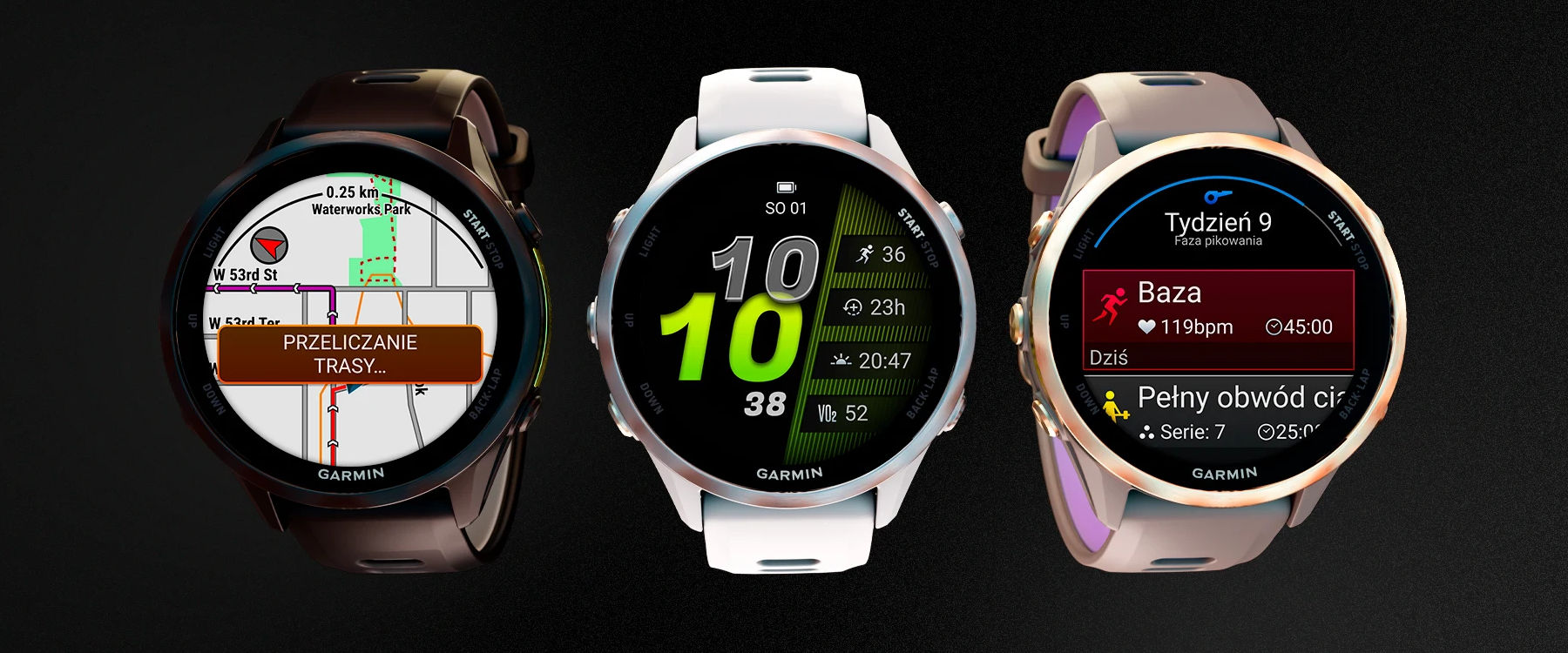 Różne interfejsy i układy tarcz zegarka Garmin Forerunner 970 z ekranem AMOLED Garmin Forerunner 970 - funkcje zegarka i układ tarcz AMOLED